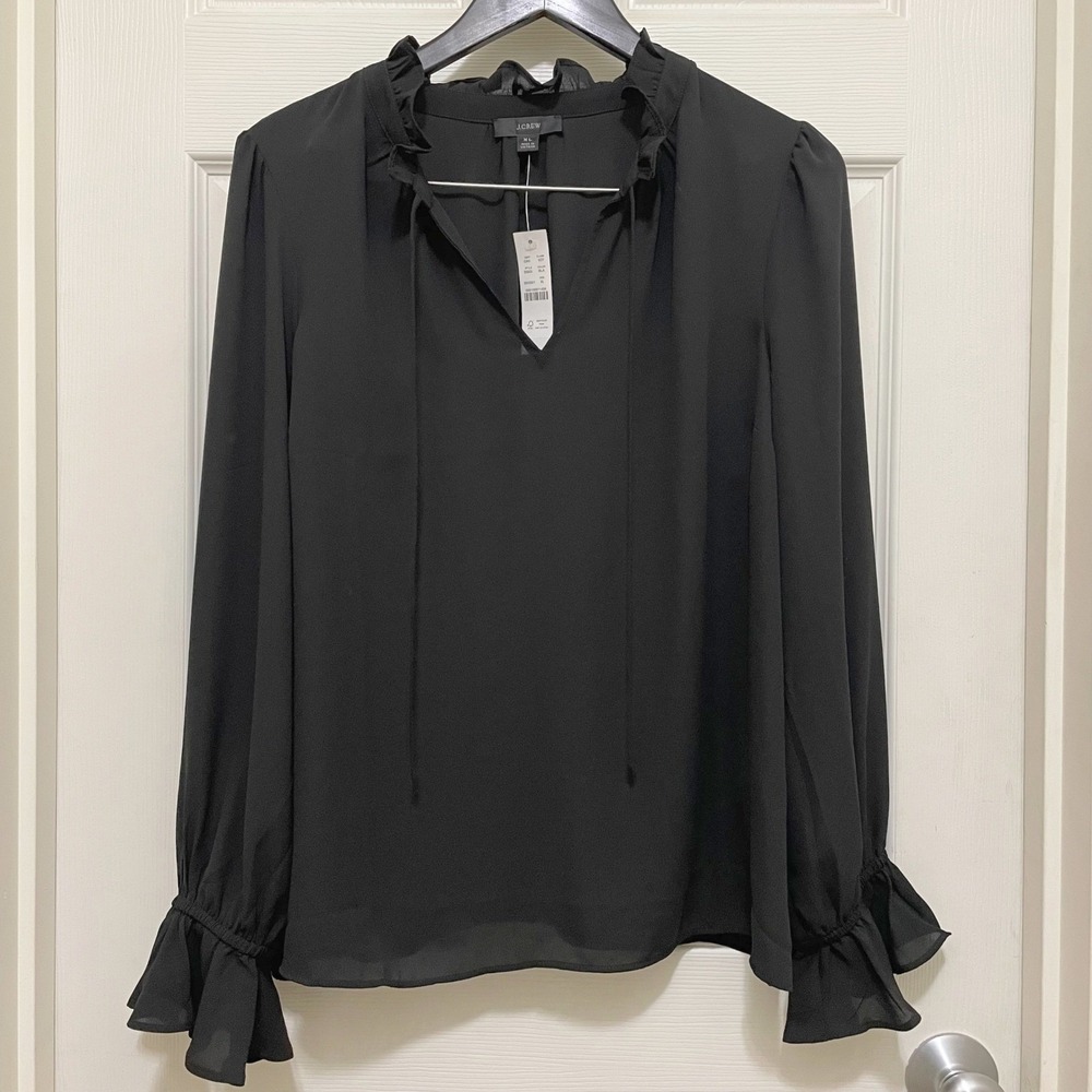 NEW J.Crew Ruffle V-Neck‎ Tie Front Top Black Chiffon Flounce Sleeve Boho L XL
